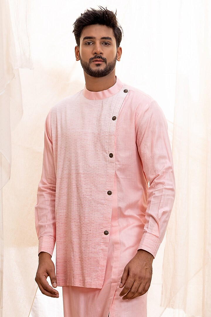 Pink Ombre Linen Blend Overlap Kurta Set by Surabhi Agarwal at Pernia's Pop Up Shop