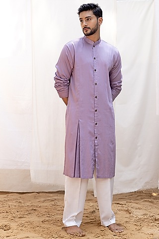 Lilac Cotton Satin Box-Pleated Kurta Set by Surabhi Agarwal