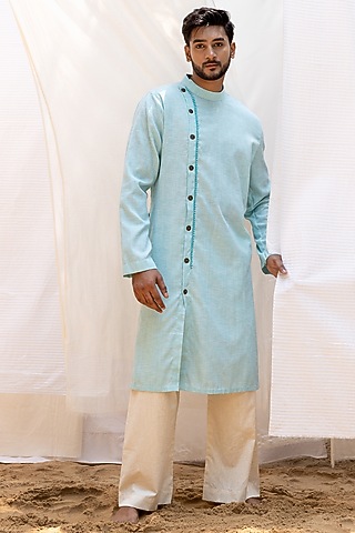 Sky Blue Linen Blend Overlap Kurta Set by Surabhi Agarwal