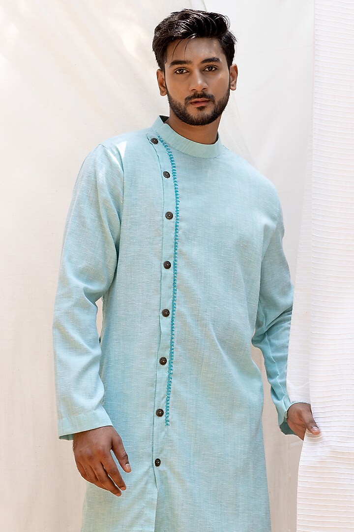 Sky Blue Linen Blend Overlap Kurta Set by Surabhi Agarwal at Pernia's Pop Up Shop