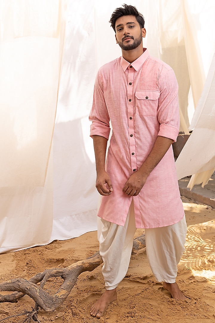 Pink Self Textured Linen Blend Pathani Kurta Set  by Surabhi Agarwal