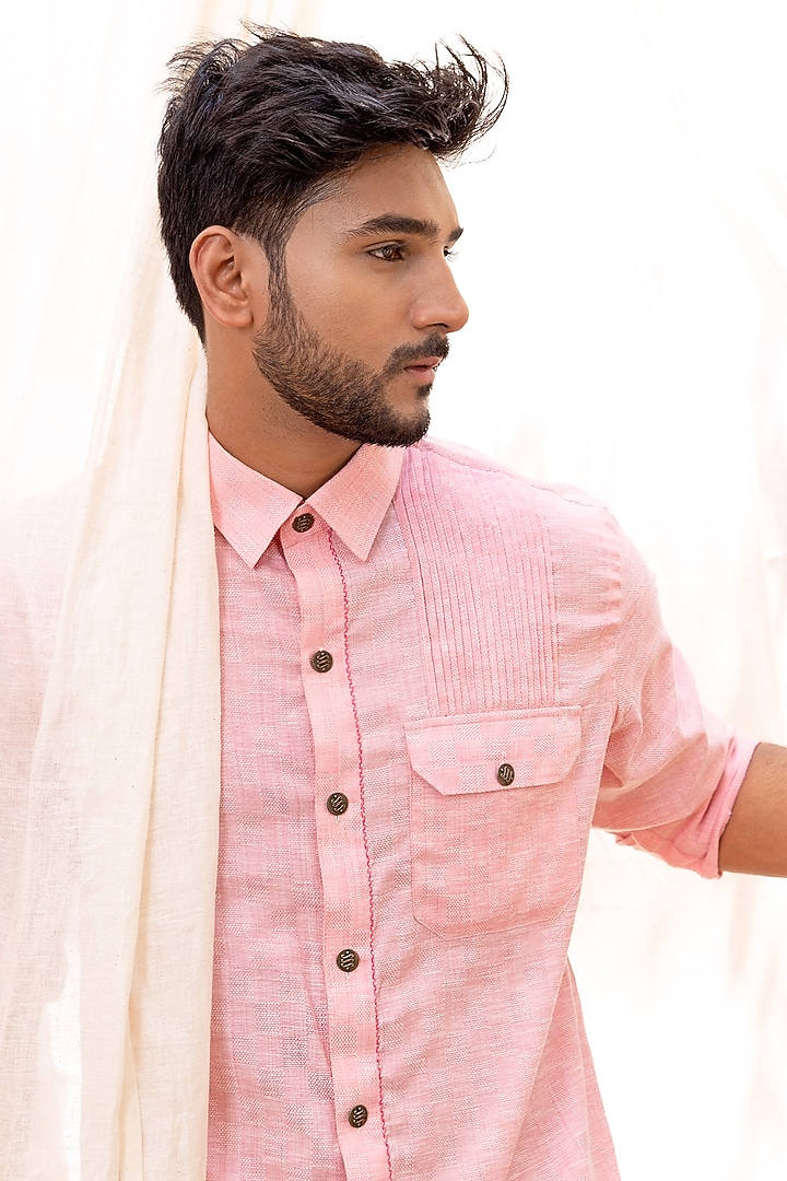 Pink Self Textured Linen Blend Pathani Kurta Set by Surabhi Agarwal at Pernia's Pop Up Shop