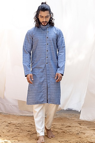 Blue Slub Silk Kurta Set by Surabhi Agarwal