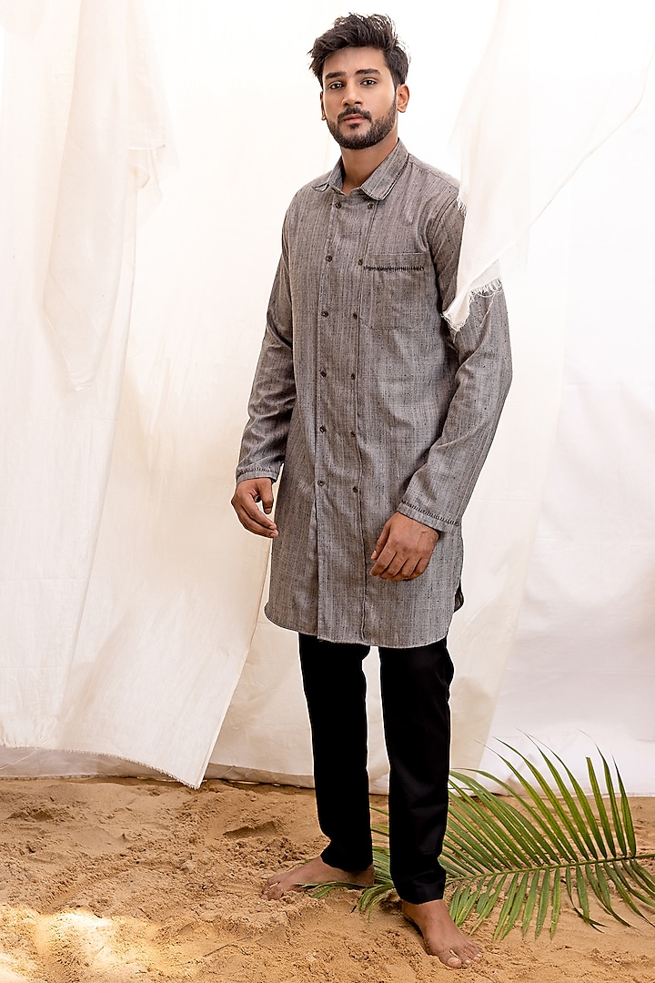 Grey Silk Slub Kurta Set by Surabhi Agarwal