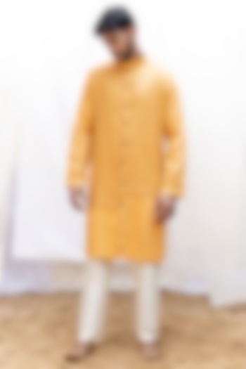Mustard Cotton Satin Woven Jacket Kurta Set by Surabhi Agarwal