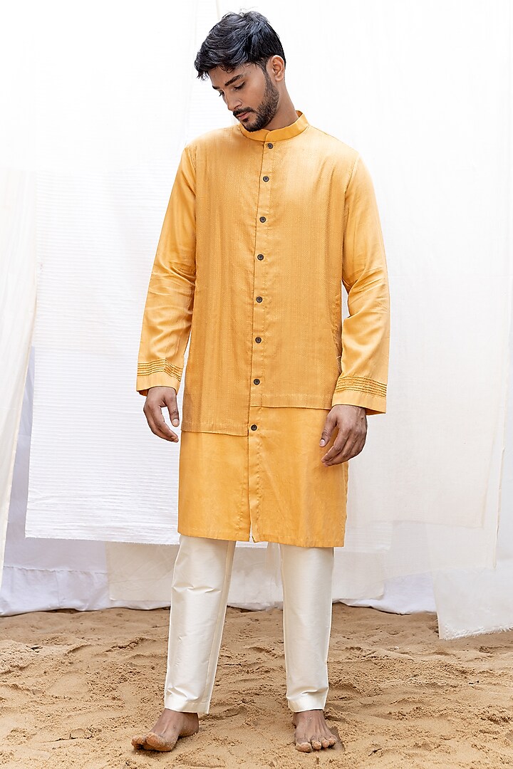 Mustard Cotton Satin Woven Jacket Kurta Set by Surabhi Agarwal