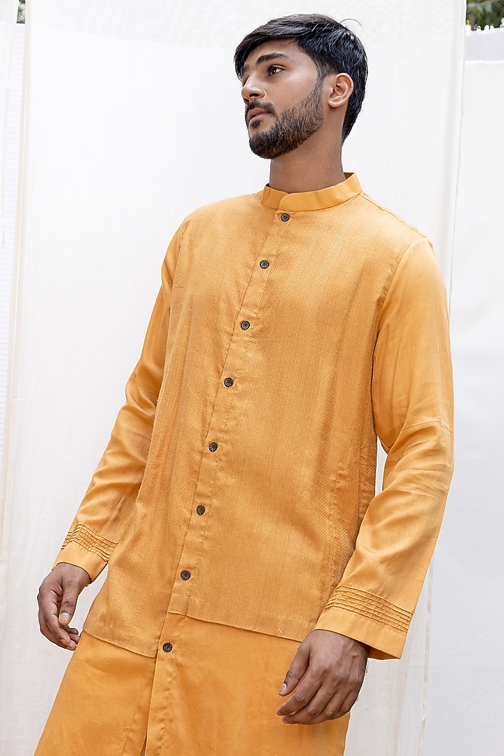 Mustard Cotton Satin Woven Jacket Kurta Set by Surabhi Agarwal at Pernia's Pop Up Shop