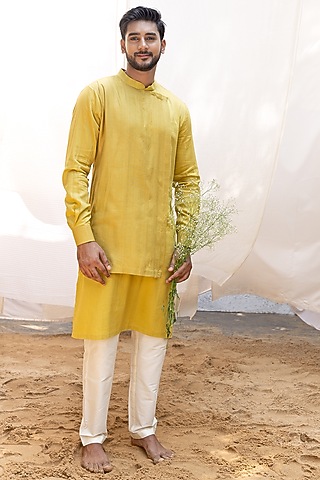 Lime Green Cotton Satin Kurta Set by Surabhi Agarwal