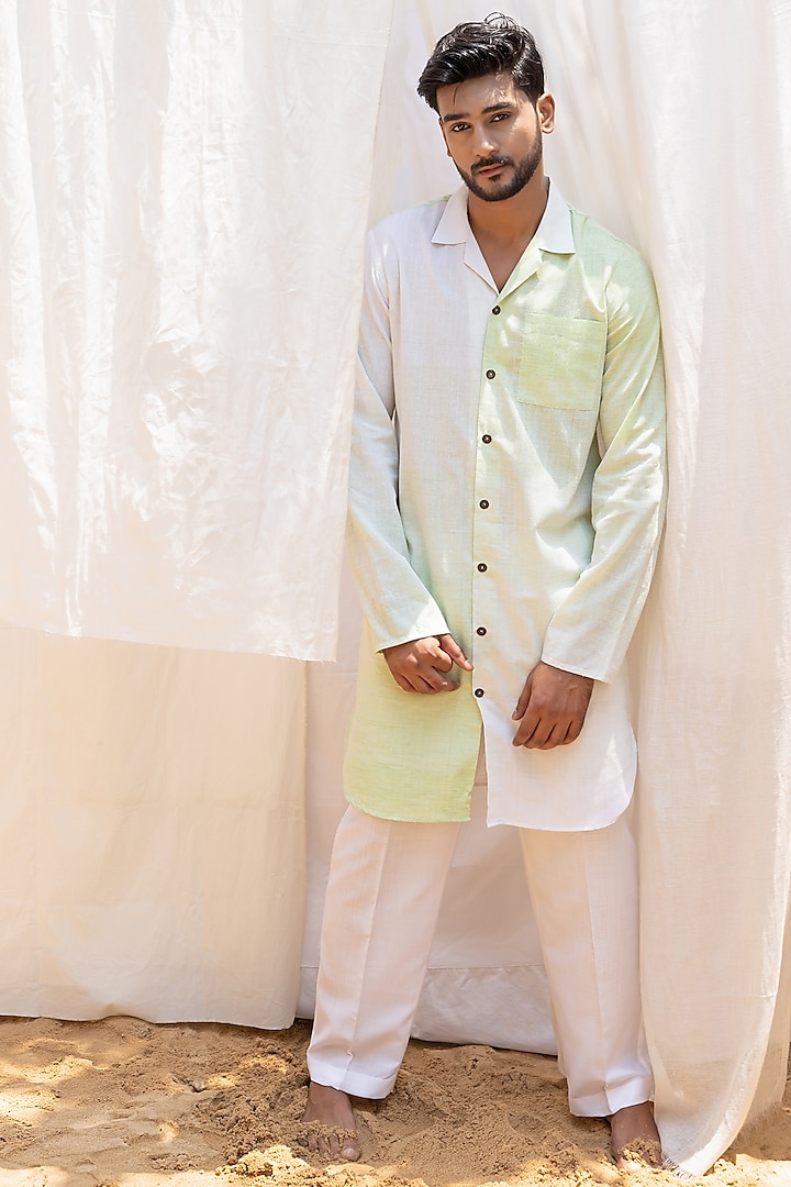 Mint Green Ombre Linen Cotton Kurta Set by Surabhi Agarwal