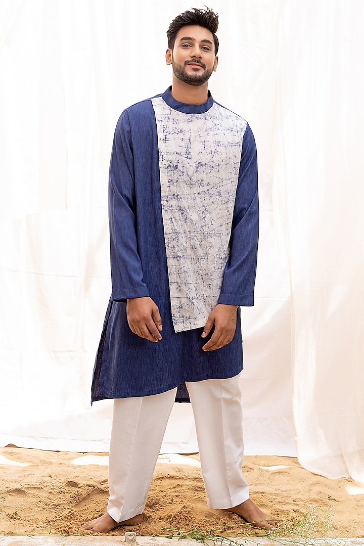 Blue Silk Rayon Tie-Dyed Asymmetrical Kurta Set by Surabhi Agarwal