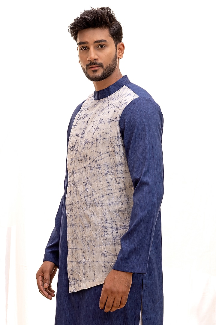 Blue Silk Rayon Tie-Dyed Asymmetrical Kurta Set by Surabhi Agarwal at Pernia's Pop Up Shop