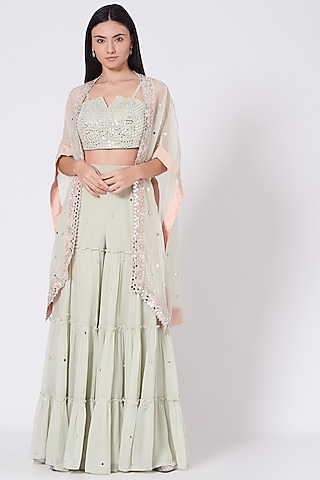 Mint Green Viscose Crepe Sharara Set With Cape by Sunita Bhandari