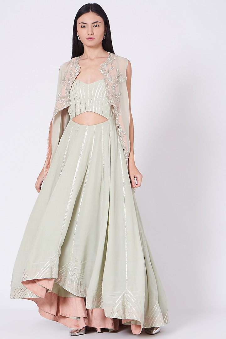 Mint Green & Coral Embroidered Gown With Cape by Sunita Bhandari