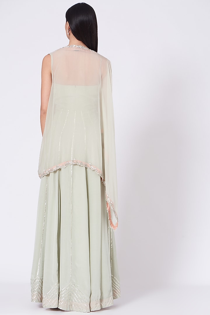 Mint Green & Coral Embroidered Engagement Gown With Cape by Sunita Bhandari at Pernia's Pop Up Shop