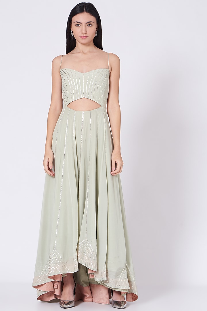 Mint Green & Coral Embroidered Gown With Cape by Sunita Bhandari at  Pernia's Pop Up Shop 2026