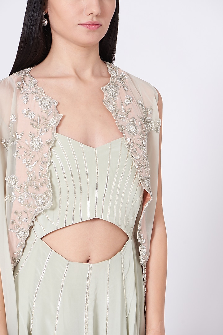Mint Green & Coral Embroidered Gown With Cape by Sunita Bhandari at  Pernia's Pop Up Shop 2026