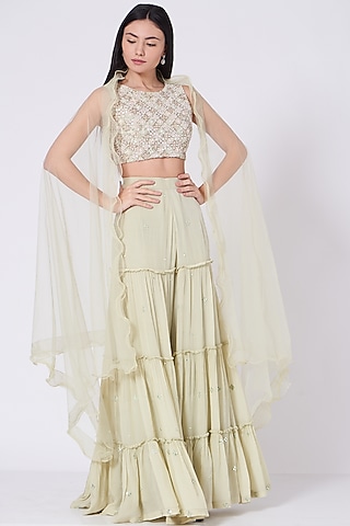 Sage Green Viscose Crepe & Net Sharara Set by Sunita Bhandari