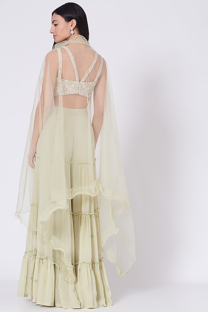 Sage Green Viscose Crepe & Net Wedding Sharara Set by Sunita Bhandari at Pernia's Pop Up Shop
