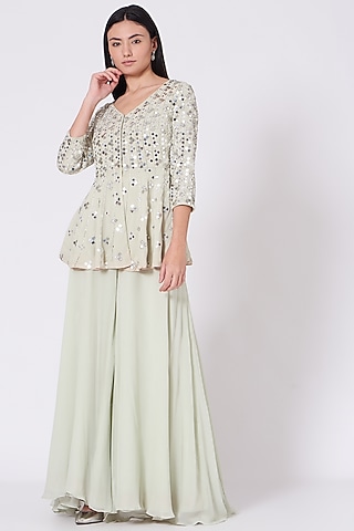 Mint Green Viscose Georgette Sharara Set by Sunita Bhandari