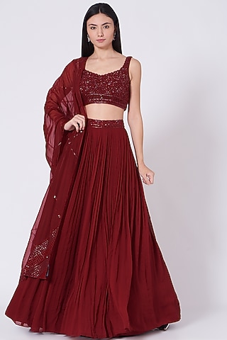 Deep Maroon Viscose Georgette & Net Lehenga Set by Sunita Bhandari