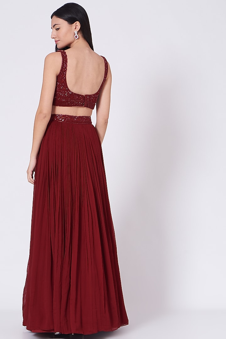 Deep Maroon Viscose Georgette & Net Wedding Lehenga Set by Sunita Bhandari at Pernia's Pop Up Shop