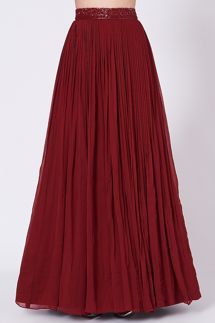 Deep Maroon Viscose Georgette & Net Wedding Lehenga Set by Sunita Bhandari at Pernia's Pop Up Shop