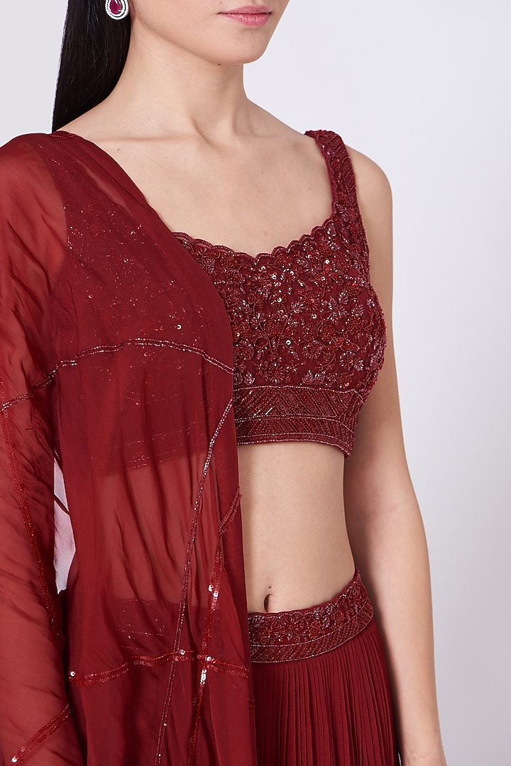 Deep Maroon Viscose Georgette & Net Wedding Lehenga Set by Sunita Bhandari at Pernia's Pop Up Shop