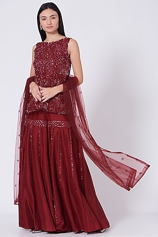 Deep Maroon Zardosi Embroidered Sharara Set by Sunita Bhandari