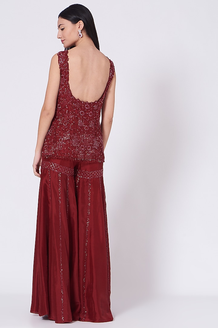 Deep Maroon Zardosi Embroidered Wedding Sharara Set by Sunita Bhandari at Pernia's Pop Up Shop