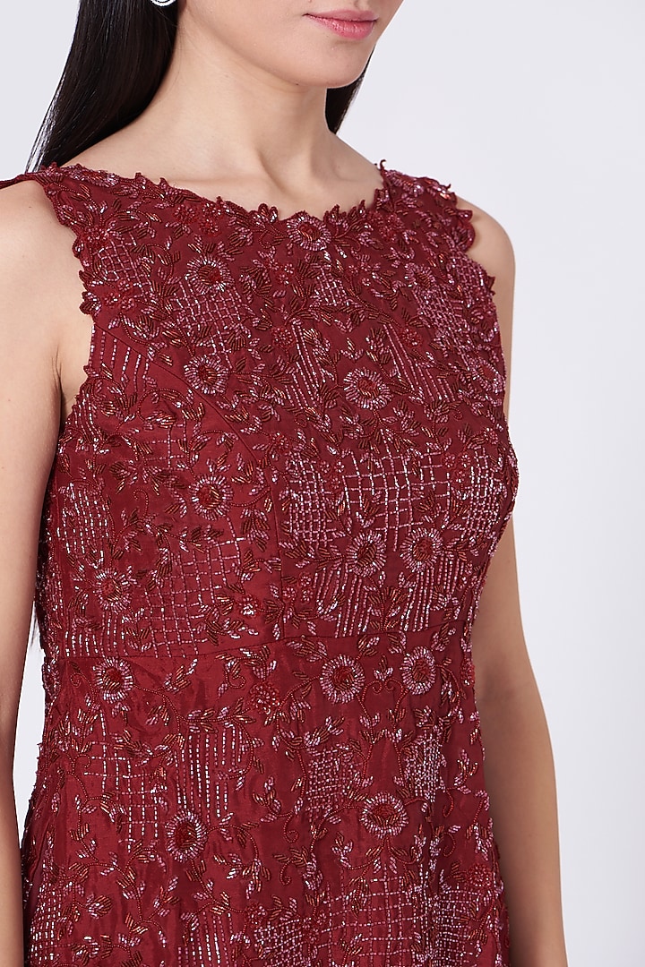 Deep Maroon Zardosi Embroidered Wedding Sharara Set by Sunita Bhandari at Pernia's Pop Up Shop