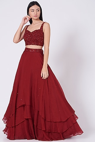 Deep Maroon Viscose Organza Lehenga Set by Sunita Bhandari