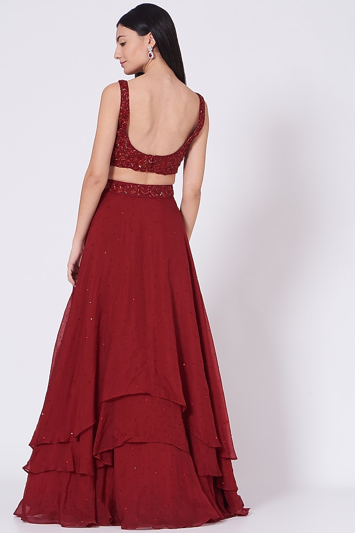 Deep Maroon Viscose Organza Wedding Lehenga Set by Sunita Bhandari at Pernia's Pop Up Shop