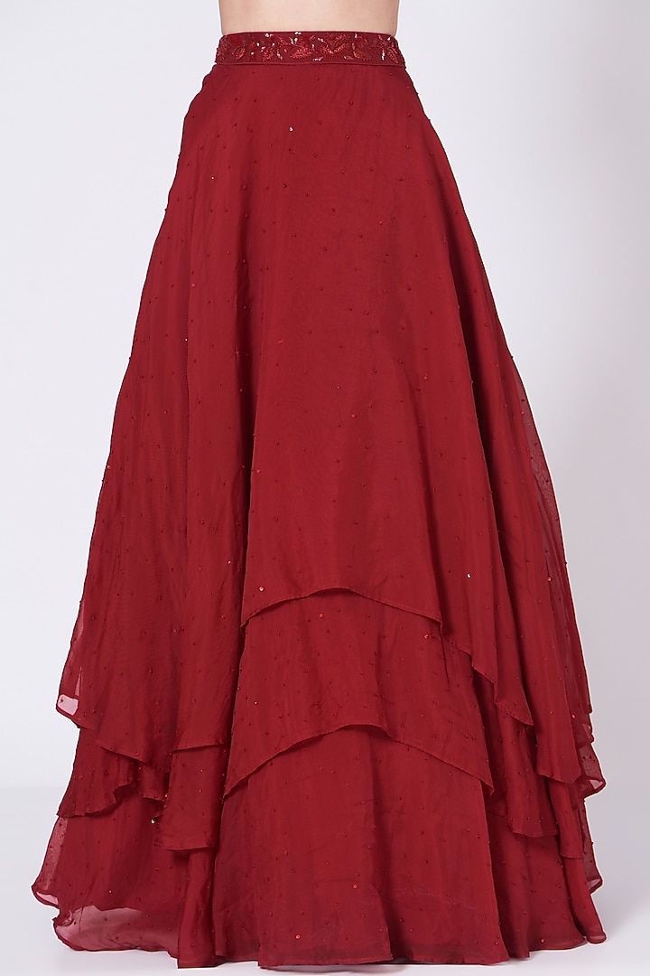 Deep Maroon Viscose Organza Wedding Lehenga Set by Sunita Bhandari at Pernia's Pop Up Shop