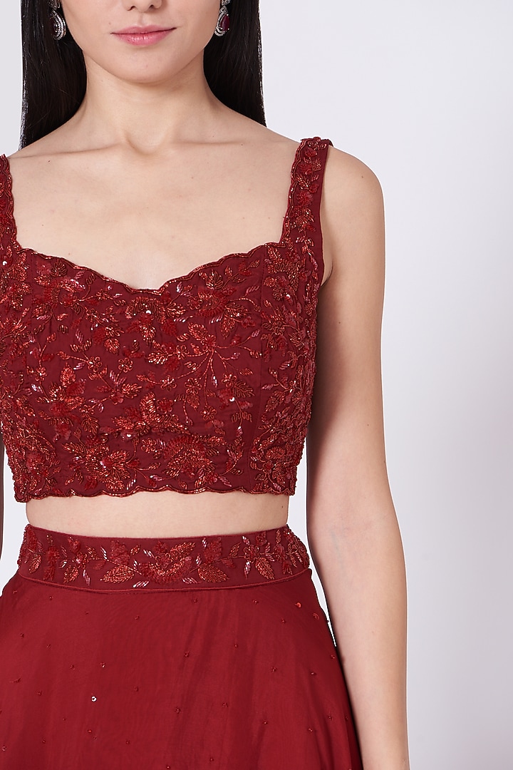Deep Maroon Viscose Organza Wedding Lehenga Set by Sunita Bhandari at Pernia's Pop Up Shop