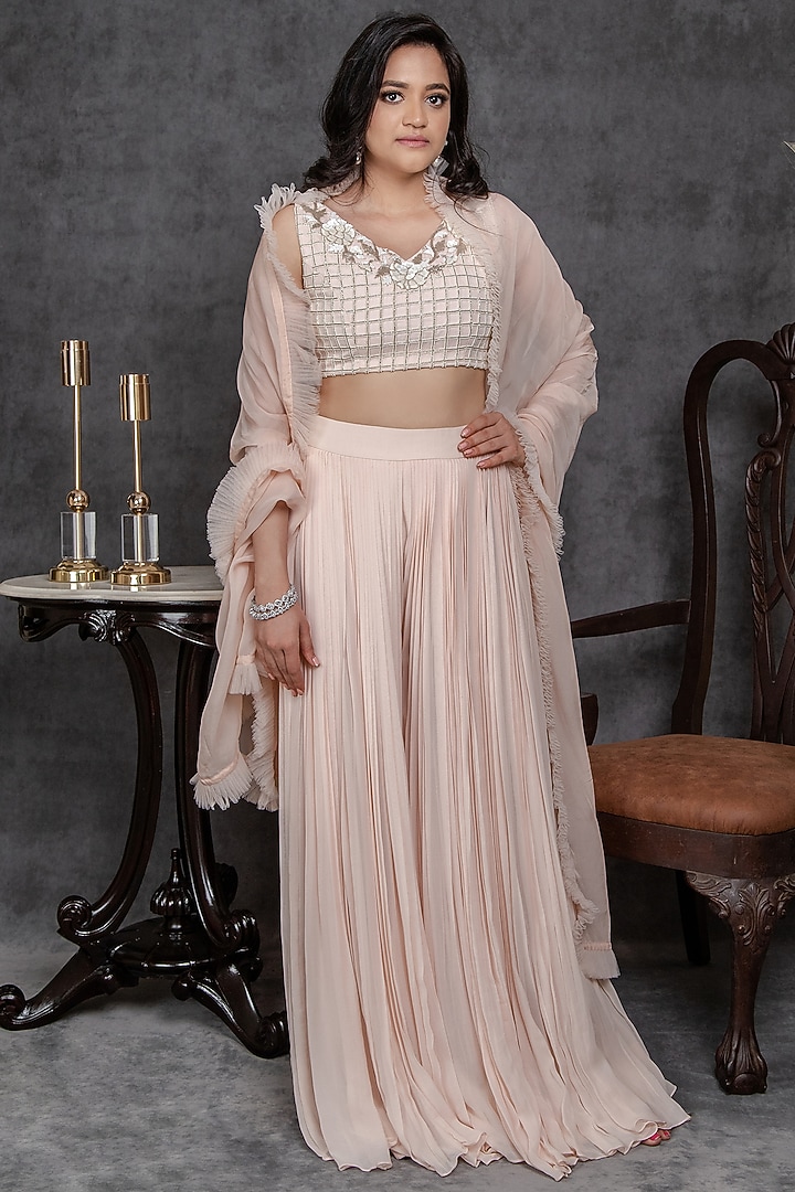 Light Pink Viscose Georgette Wedding Sharara Set by Sunita Bhandari at Pernia's Pop Up Shop