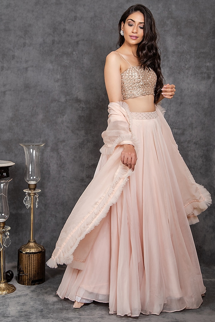 Peach Viscose Organza Flared Lehenga Set Design by Sunita Bhandari at ...