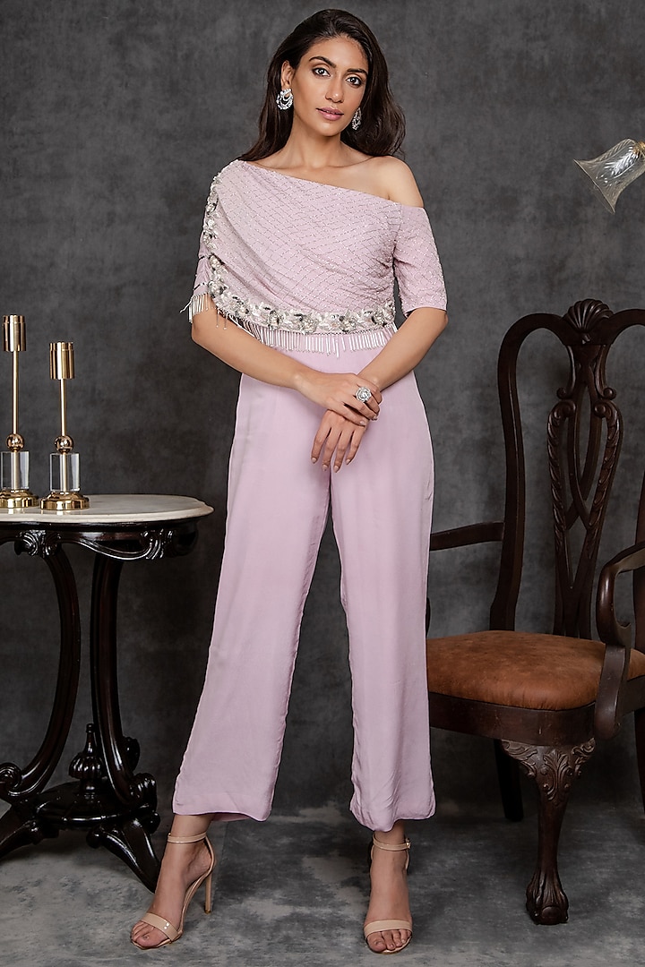 Lilac Sequins Embroidered Draped Jumpsuit by Sunita Bhandari