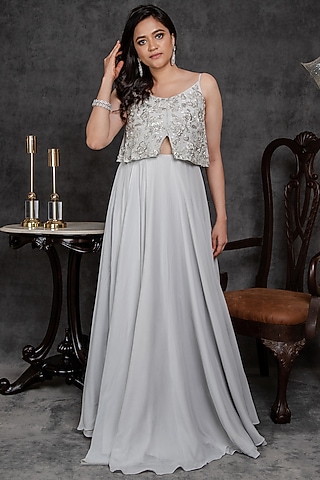 Light Blue Zardosi Embroidered Gown by Sunita Bhandari