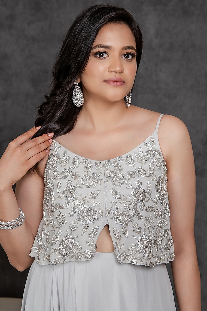 Light Blue Zardosi Embroidered Party Wear Gown by Sunita Bhandari at Pernia's Pop Up Shop
