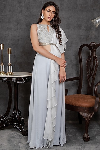 Light Blue Viscose Crepe Sharara Set by Sunita Bhandari