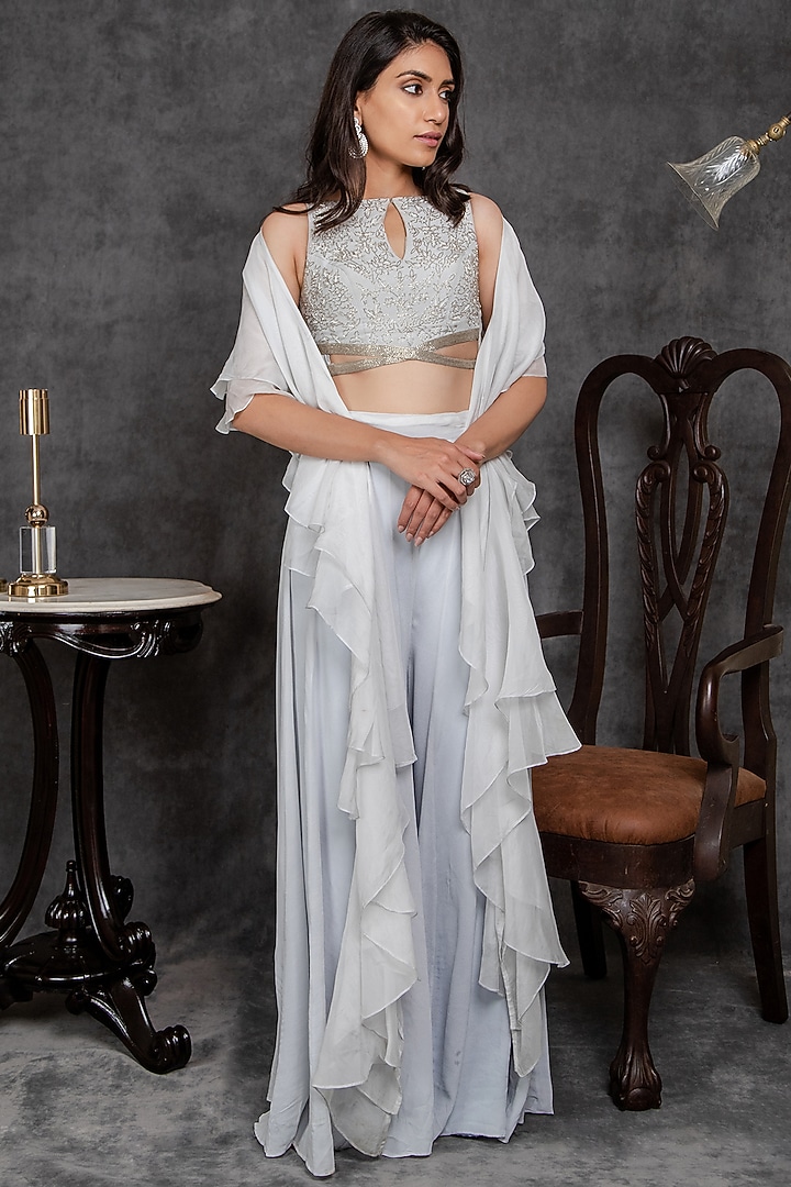 Light Blue Viscose Crepe Wedding Sharara Set by Sunita Bhandari at Pernia's Pop Up Shop