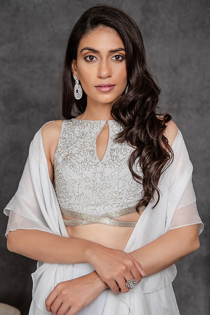 Light Blue Viscose Crepe Wedding Sharara Set by Sunita Bhandari at Pernia's Pop Up Shop