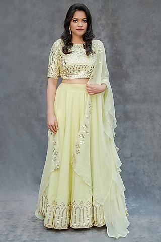 Lime Green Embroidered Flared Lehenga Set  by Sunita Bhandari