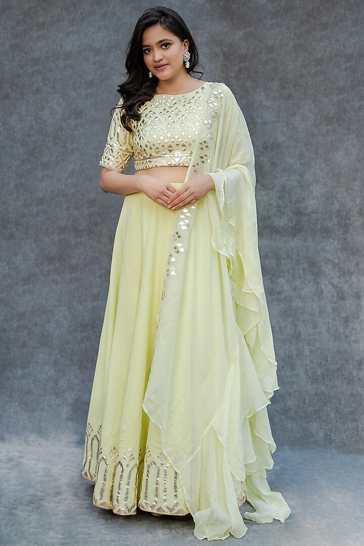 Lime Green Embroidered Flared Wedding Lehenga Set  by Sunita Bhandari at Pernia's Pop Up Shop