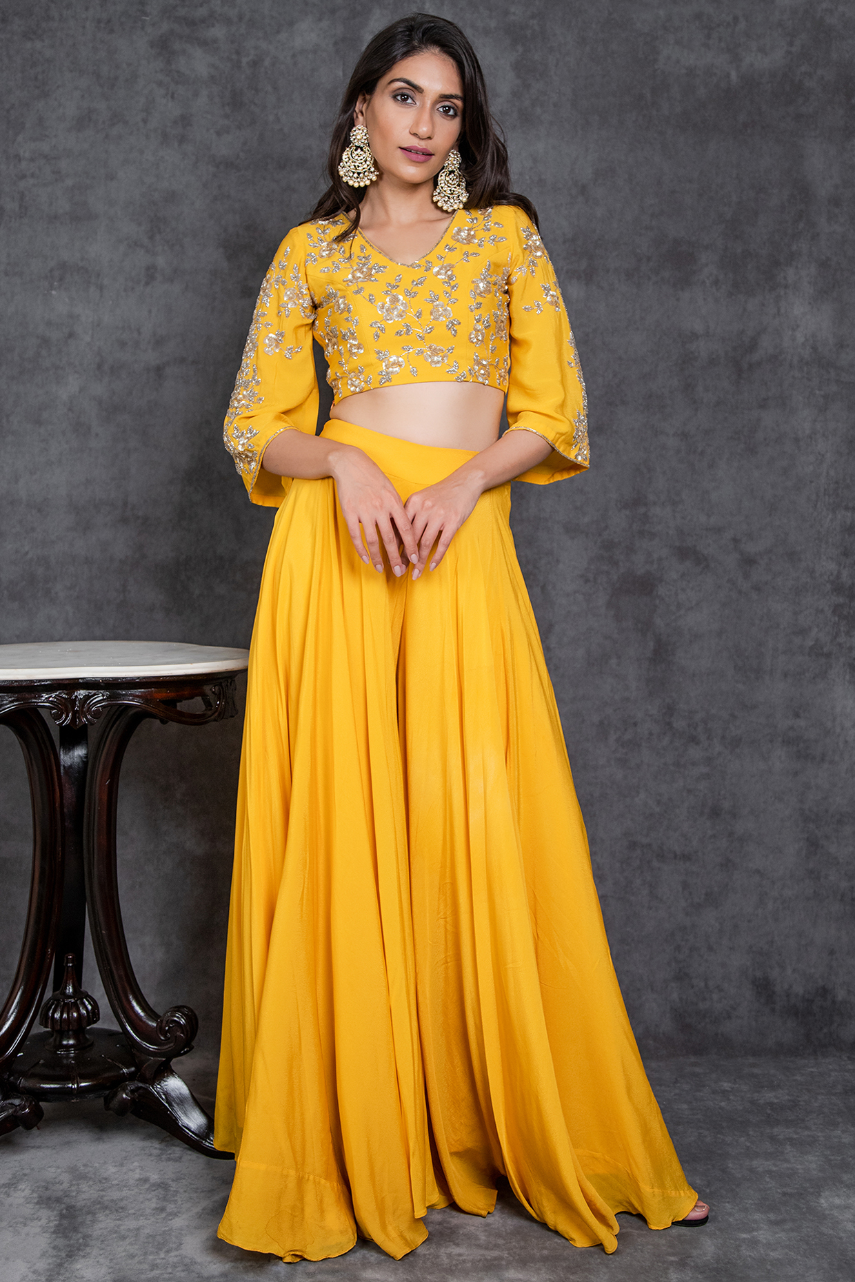 Yellow Viscose Crepe Flared Wedding Sharara Set by Sunita Bhandari at Pernia's Pop Up Shop