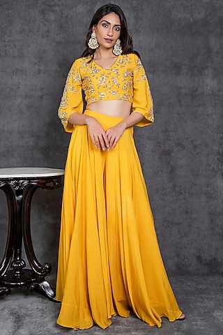 Yellow Viscose Crepe Flared Sharara Set by Sunita Bhandari