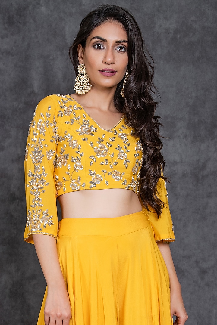 Yellow Viscose Crepe Flared Wedding Sharara Set by Sunita Bhandari at Pernia's Pop Up Shop