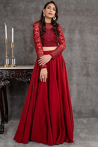 Deep Red Viscose Crepe Lehenga Set by Sunita Bhandari