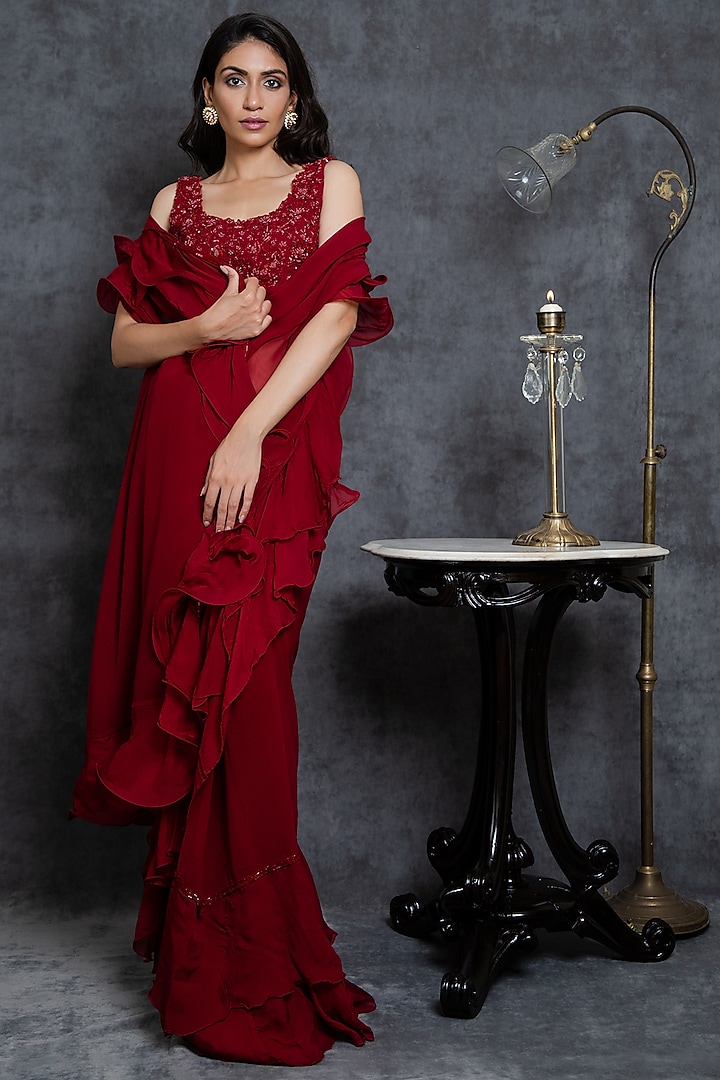 Deep Red Viscose Georgette Ruffled Saree Set by Sunita Bhandari