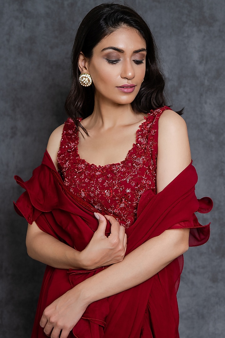 Deep Red Viscose Georgette Ruffled Wedding Saree Set by Sunita Bhandari at Pernia's Pop Up Shop